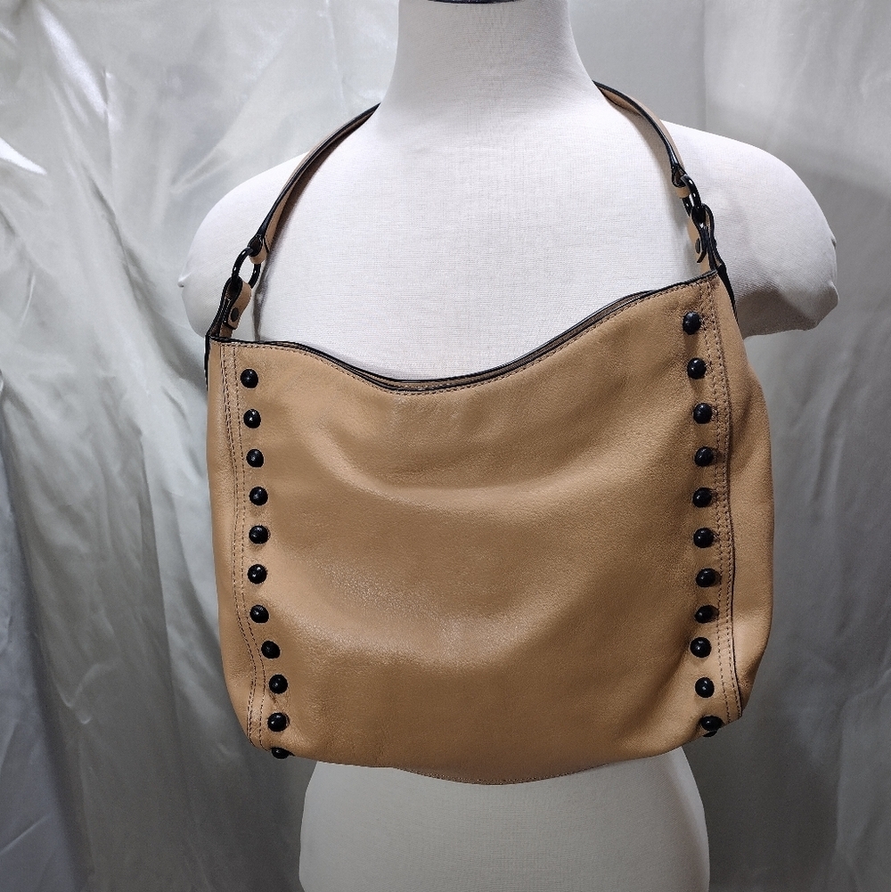 Loeffler Randall Handbag Beige Natural Camel Hobo Tote Black Studs